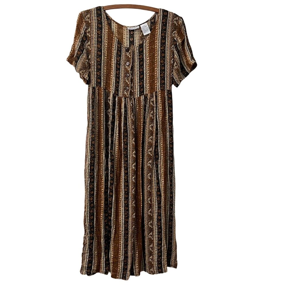 Vintage Nouveau Faces Brown Floral Cottagecore Boho Tie Back Maxi Dress Size 10